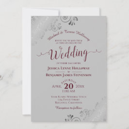 Elegante Silver Lace Burgundy & Gray Formal Weddin Einladung