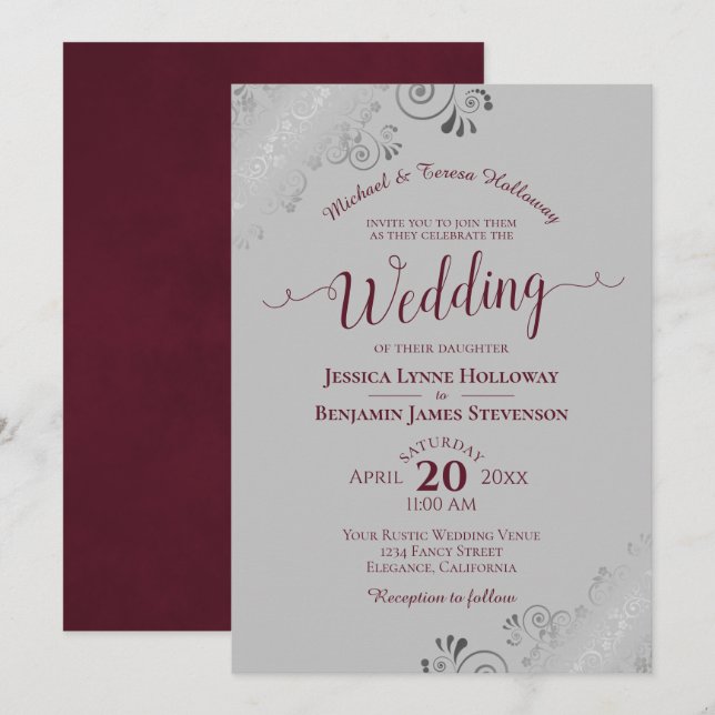 Elegante Silver Lace Burgundy & Gray Formal Weddin Einladung (Vorne/Hinten)