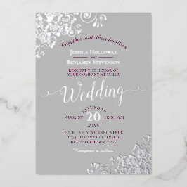 Elegante Silver Lace Cassis Lila auf Gray Wedding Folieneinladung