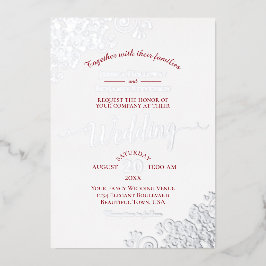 Elegante Silver Lace & Crimson Red auf White Weddi Folieneinladung