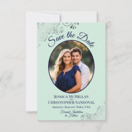 Elegante Silver Lace & Foto Mint & Navy Hochzeit Save The Date