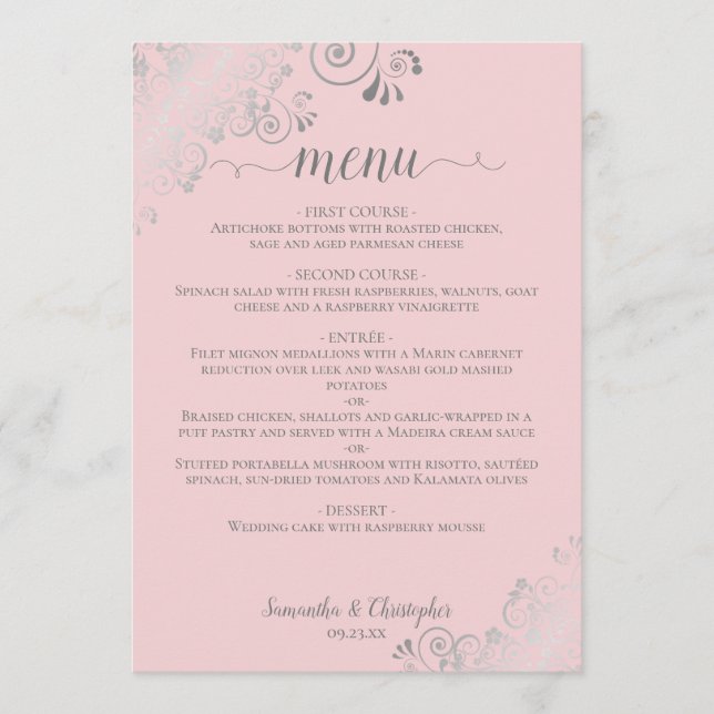 Elegante Silver Lace Frills auf Blush Pink Wedding Menükarte (Vorderseite)