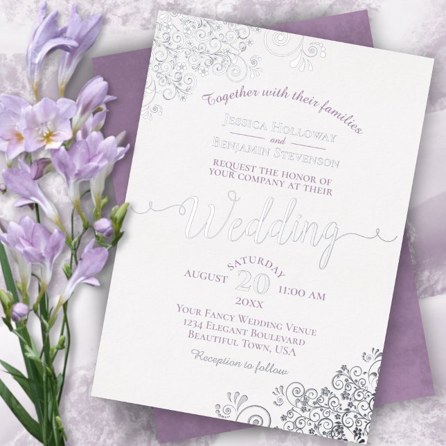 Elegante Silver Lace & Lavender auf der White Wedd Folieneinladung (Von Creator hochgeladen)