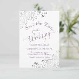Elegante Silver Lace Lavender & White Wedding Save The Date