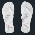 Elegante Silver Lace & Red Trauzeugin Wedding Flip Flops<br><div class="desc">Diese niedlichen Flip Flops sind ein lustiger Weg, um der Trauzeugin bei Ihrer Hochzeit zu danken und sie zu erkennen. Das elegante Design mit silbergrauem Spitz auf weißem Hintergrund und extravaganter, knallroter Schriftzeichen. Es gibt Platz für ihren Namen und Titel, sowie die Namen des Ehepaares und das Datum. Ein guter...</div>