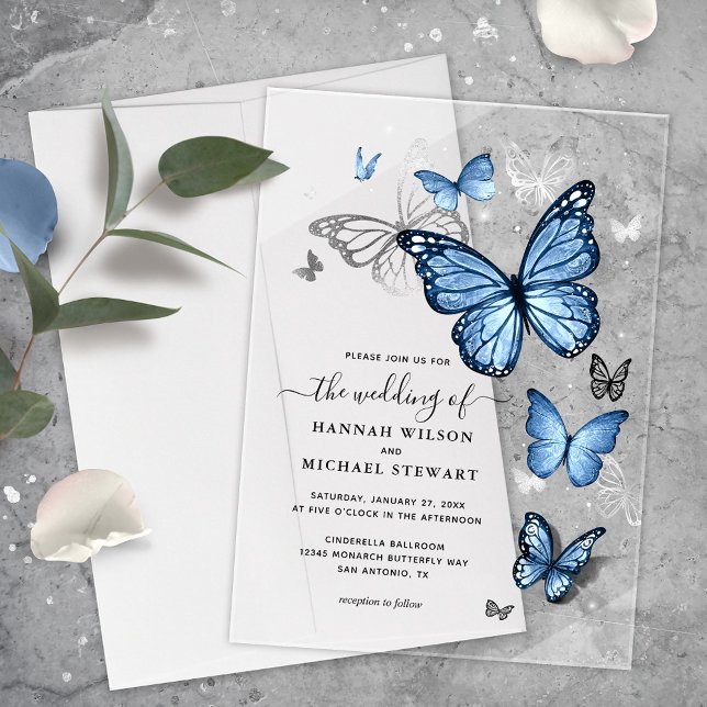 Elegante Silver Light Baby Blue Butterfly Wedding Acryleinladungen (Elegant baby blue butterfly acrylic wedding invitations that will bring your fairy tale to life!)