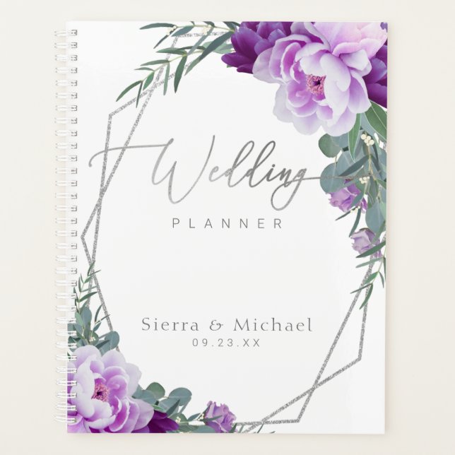 Elegante Silver & Lila Eukalyptus-Hochzeit Planer (Vorderseite)