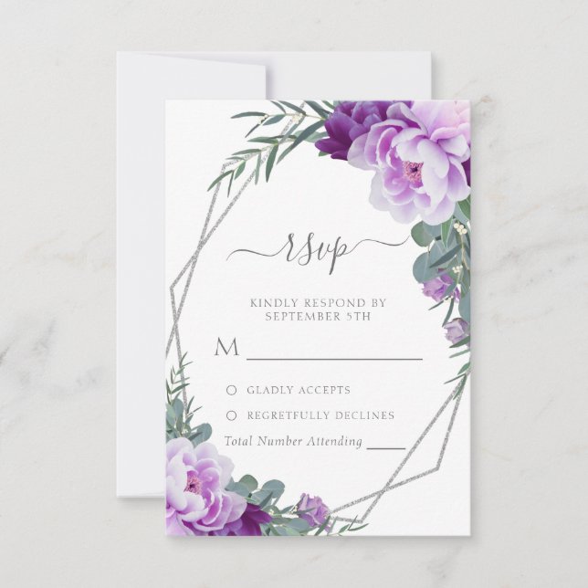 Elegante Silver & Lila Eukalyptus-Hochzeit RSVP Karte (Vorderseite)