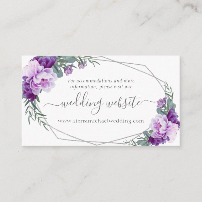 Elegante Silver & Lila Floral Wedding Website Begleitkarte (Vorderseite)