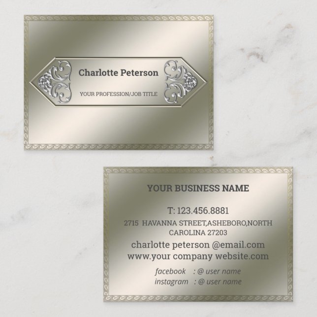 Elegante Silver Metallic Gemstone Business Card Visitenkarte (Vorne/Hinten)