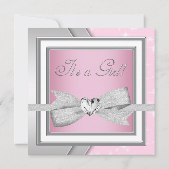 Elegante Silver Pink Baby Girl Dusche Einladung (Vorderseite)