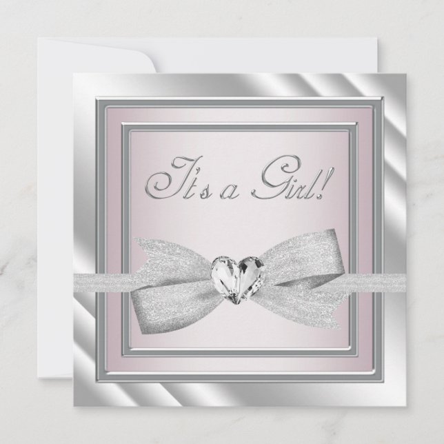 Elegante Silver Pink Baby Girl Dusche Einladung (Vorderseite)