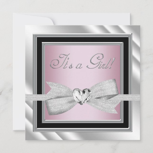 Elegante Silver Pink Black Baby Girl Dusche Einladung (Vorderseite)