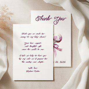 Elegante Silver Pink Rattle Bow Baby Shower Dankeskarte