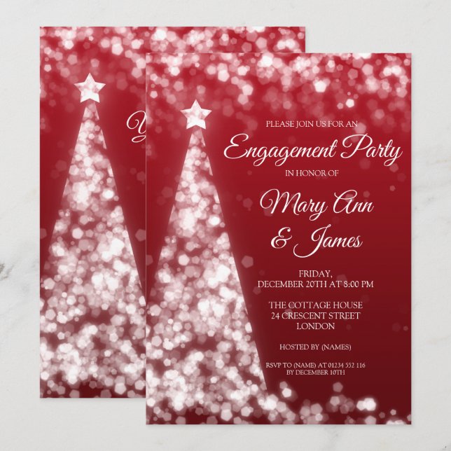 Elegante Silver & Red Christmas Engagement Party Einladung (Vorne/Hinten)