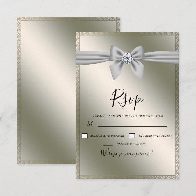 Elegante Silver Ribbon Bow Wedding RSVP Karte (Vorne/Hinten)