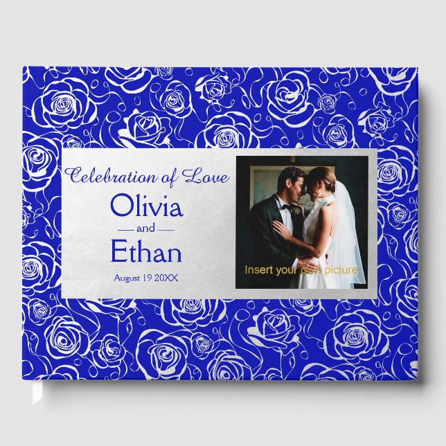 Elegante Silver Rose auf Royal Blue Gästebuch (Vorderseite)
