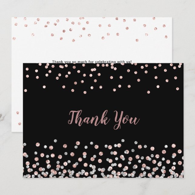 Elegante Silver Rose Gold Confetti Dankeskarte (Vorne/Hinten)