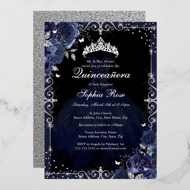 Elegante Silver Rose Kleid Quinceanera Folieneinladung (Vorderseite/Rückseite)