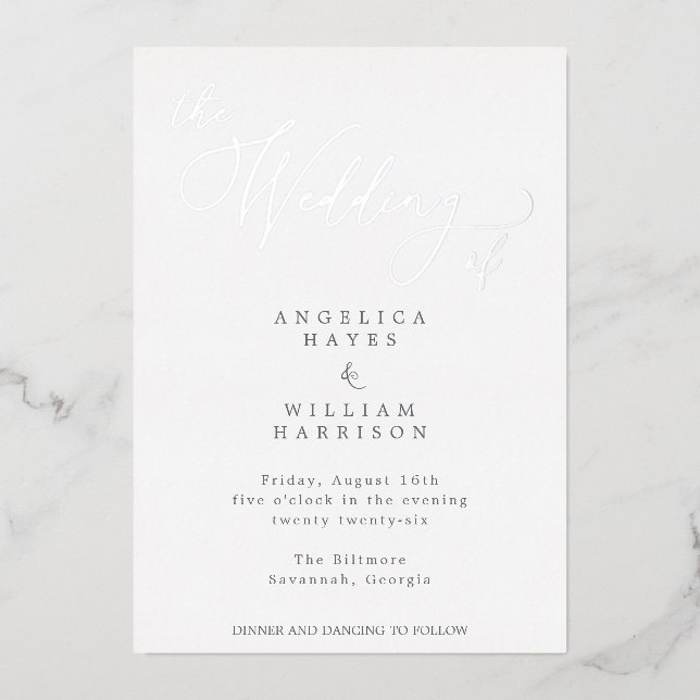 ELEGANTE SILVER SCRIPT WEDING INVITATION | MINIMAL FOLIENEINLADUNG (Vorderseite)