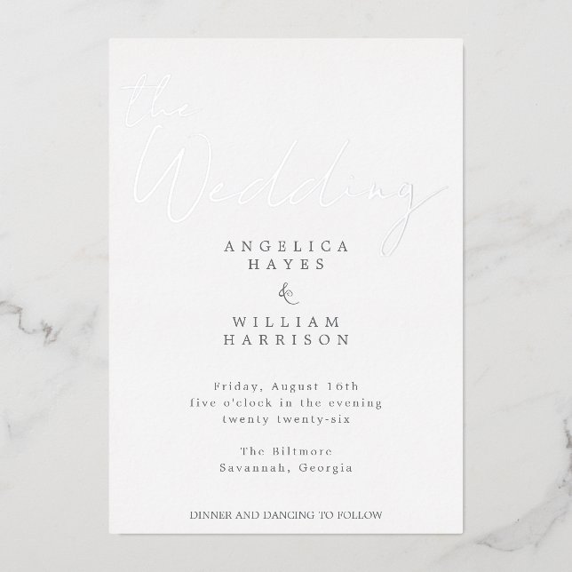 ELEGANTE SILVER SCRIPT WEDING INVITATION | MINIMAL FOLIENEINLADUNG (Vorderseite)