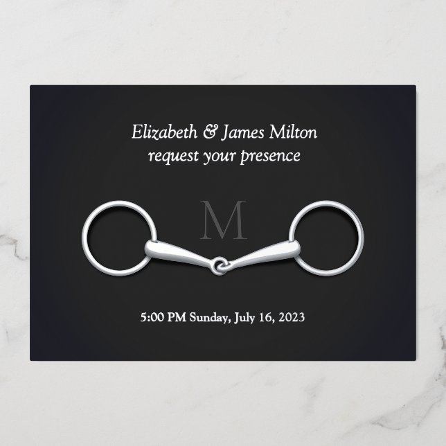 Elegante Silver Snaffle Bit Reittier Mit Monogramm Folieneinladung (Vorderseite)