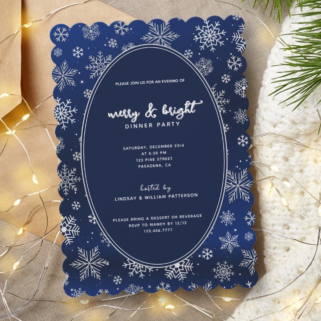 Elegante Silver Snowflakes on Night Blue Christmas Einladung (Make your event sparkle and shine, the perfect choice for a glamorous holiday gathering.)
