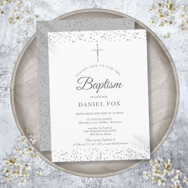 Elegante Silver Stardust Taufe Christening Einladungspostkarte (Elegant Silver Stardust Baptism Christening Invitation Postcard)