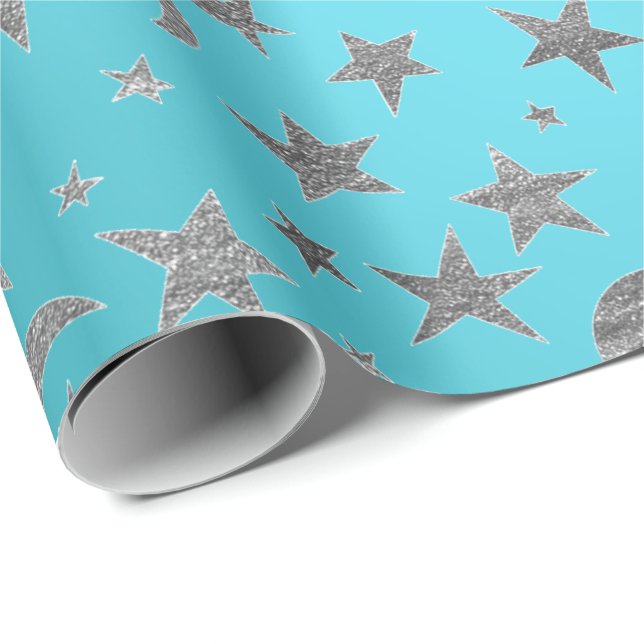 Elegante Silver Stars Moon Türkis Aquamarine Geschenkpapier (Rolleneckpunkt)