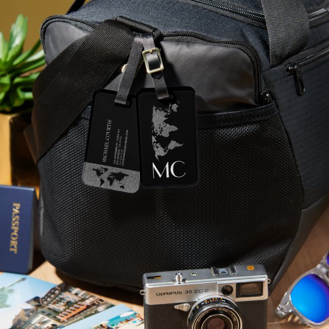 Elegante Silver Travel World Map Mit Monogramm Nam Gepäckanhänger (Vorderseite & Rückseite)