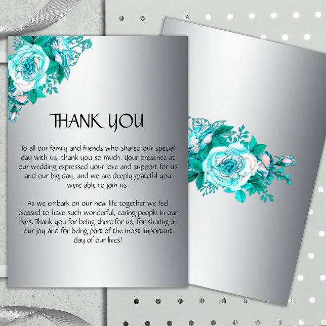 Elegante Silver und Aqua Rose Hochzeit Vielen Dank Dankeskarte (Von Creator hochgeladen)