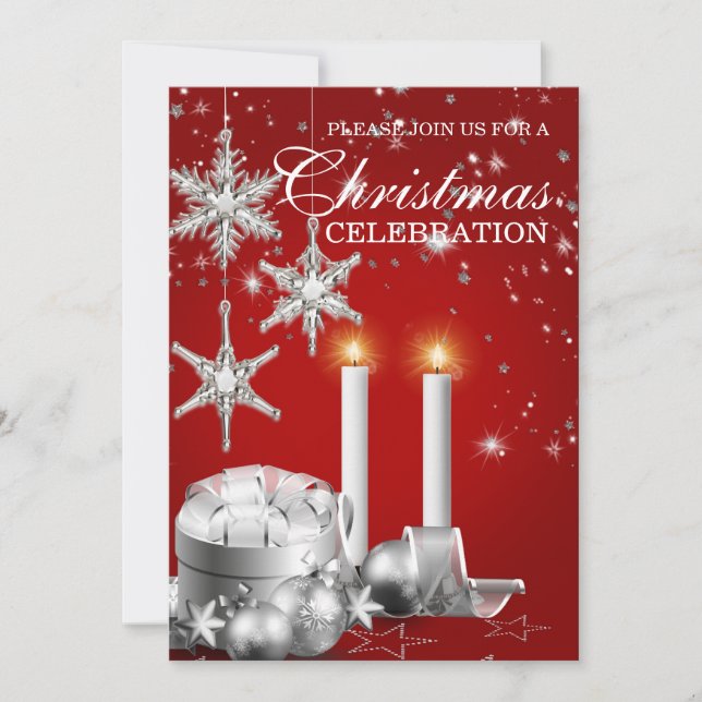 Elegante Silver- und Rote Weihnachtszeit-Party Ein Einladung (Vorderseite)