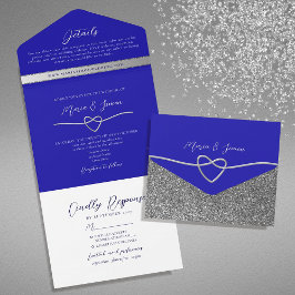 Elegante Silver und Royal Blue Wedding All In One Einladung