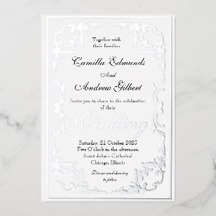 Elegante Silver Verziert Blüh Border Wedding Folieneinladung