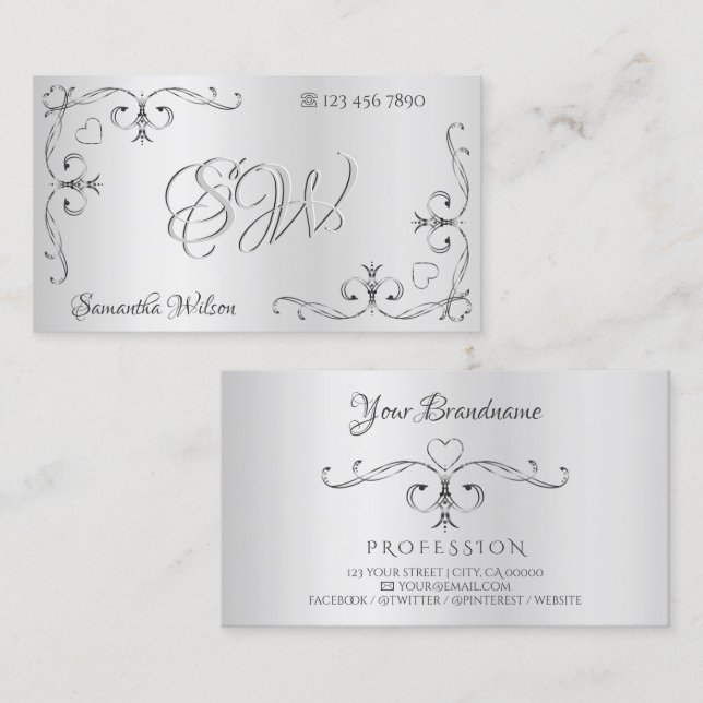 Elegante Silver Verziert Corner Borders with Initi Visitenkarte (Vorne/Hinten)