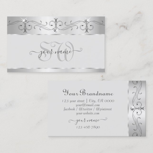 Elegante Silver Verziert Sparkling Diamonds Initia Visitenkarte (Vorne/Hinten)