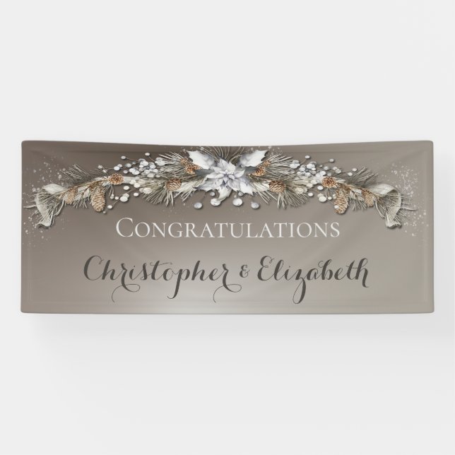 Elegante Silver Winter Floral Herzlichen Glückwuns Banner (Horizontal)