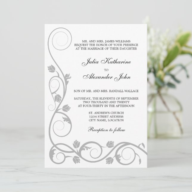 Elegante Silver Wirbel Einladung (Stehend Vorderseite)