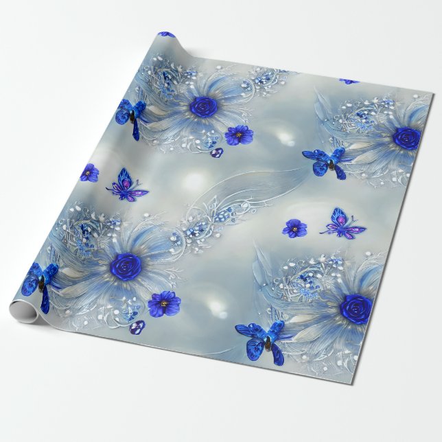 Elegante Silvery, Blue & Gray Floral & Butterfly Geschenkpapier (Ungerollt)