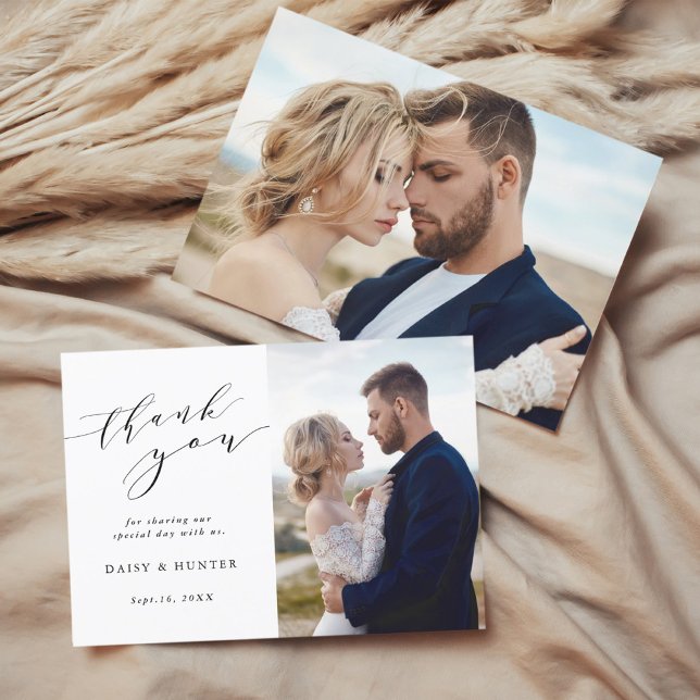 Elegante Simple Calligraphy Wedding 2 Foto Dankeskarte (Von Creator hochgeladen)