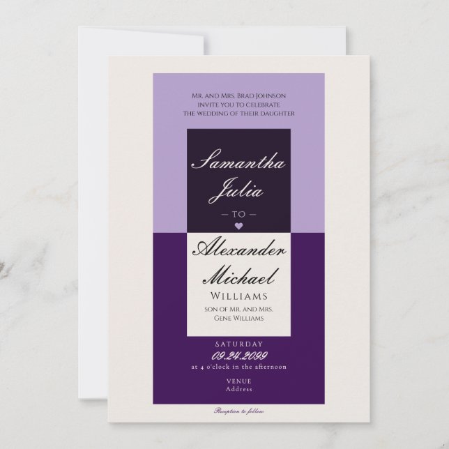 Elegante Simple Cream Royal Lila Lavender Wedding Einladung (Vorderseite)