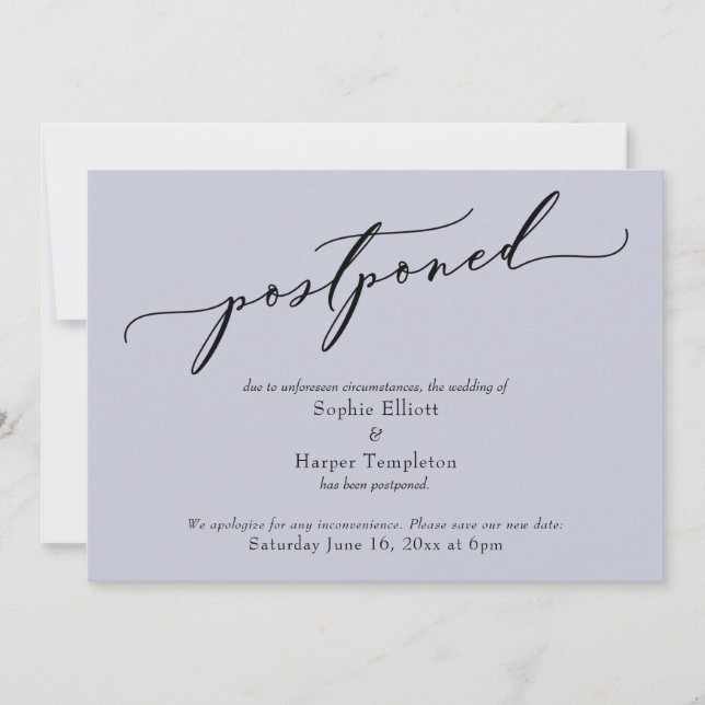 Elegante Simple Dusty Blue Postponed Wedding Card Einladung (Vorderseite)