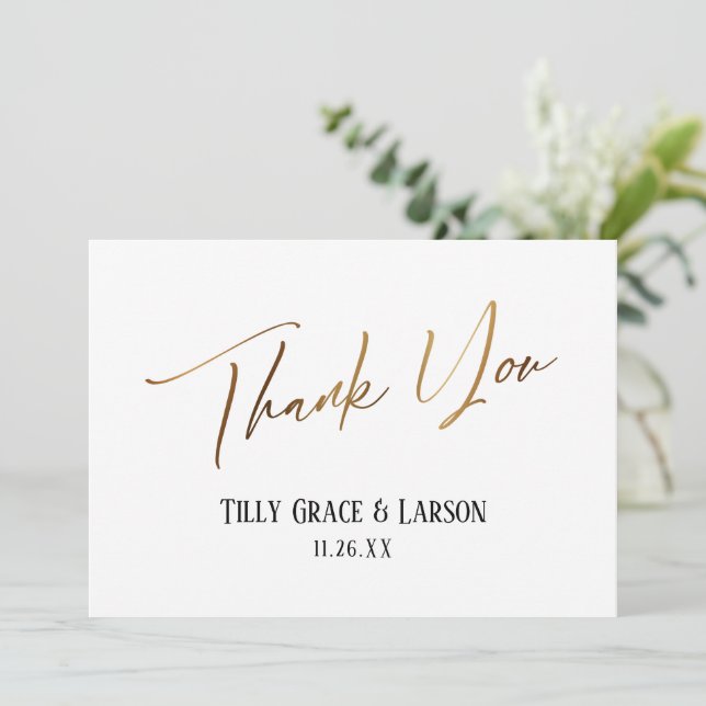 Elegante Simple Gold Handwriting Typografie Dankeskarte (Stehend Vorderseite)