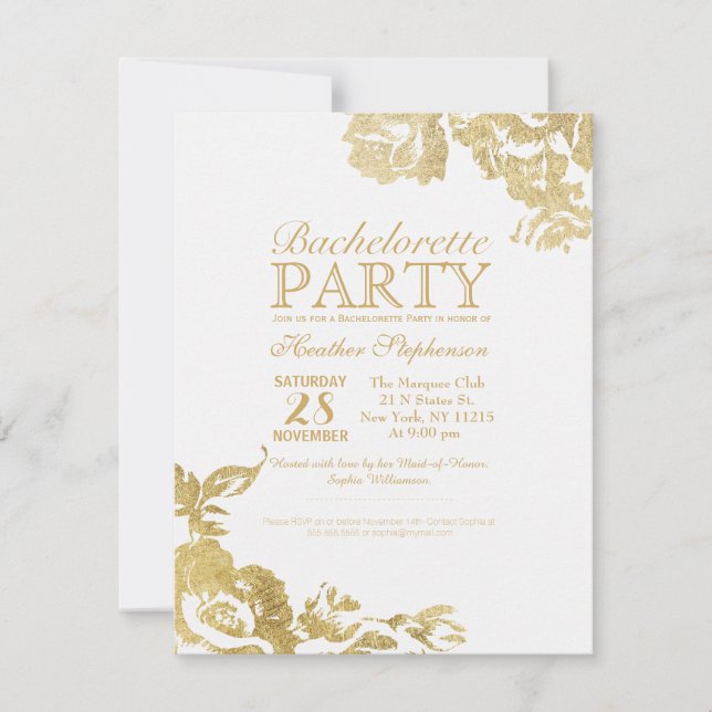 Elegante Simple Modern Floral Gold Bachelorette Einladung (Vorderseite)