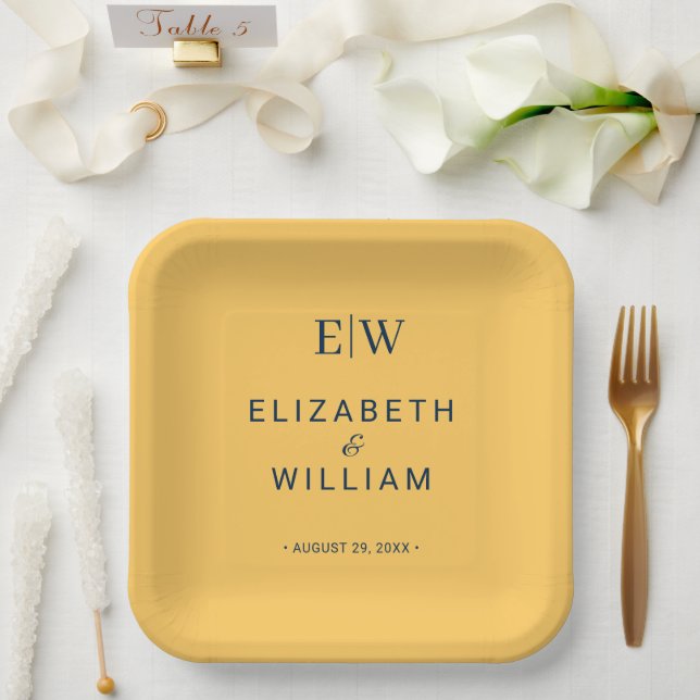 Elegante Simple Ray Blume mit Monogram Wedding Pappteller (Hochzeit)