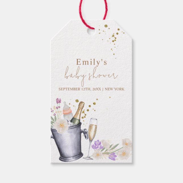 Elegante Sip & See Champagne Flasche Baby Dusche Geschenkanhänger (Vorderseite)