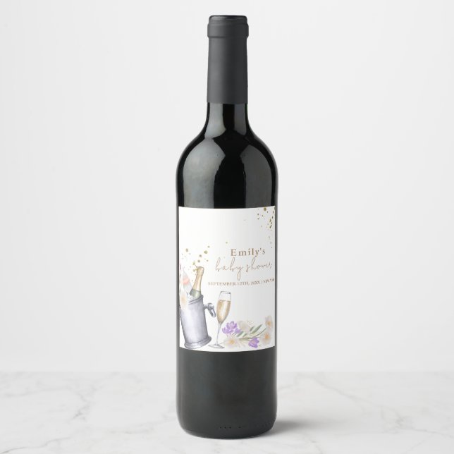 Elegante Sip & See Champagne Flasche Baby Dusche Weinetikett (Vorderseite)