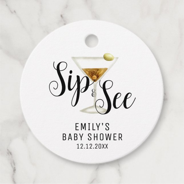 Elegante Sip & See Martini Cocktail Babydusche Geschenkanhänger (Vorderseite)