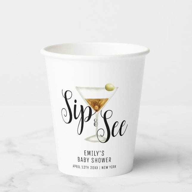 Elegante Sip & See Martini Cocktail Babydusche Pappbecher (Vorderseite)