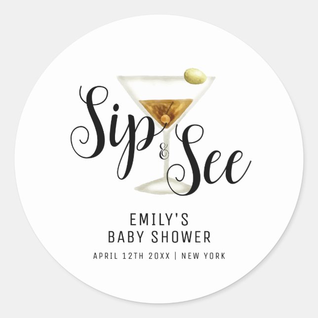 Elegante Sip & See Martini Cocktail Babydusche Runder Aufkleber (Vorderseite)